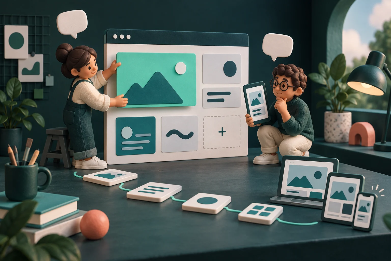 Deux designers assemblent les modules d’un site web et vérifient son affichage sur mobile dans un atelier miniature.