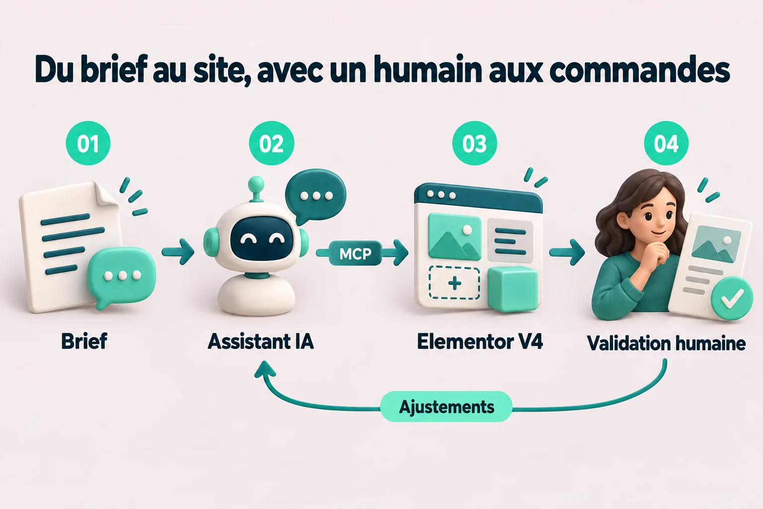 Schéma : le brief guide l’assistant IA, qui agit sur Elementor V4 via MCP ; une validation humaine permet de demander des ajustements.