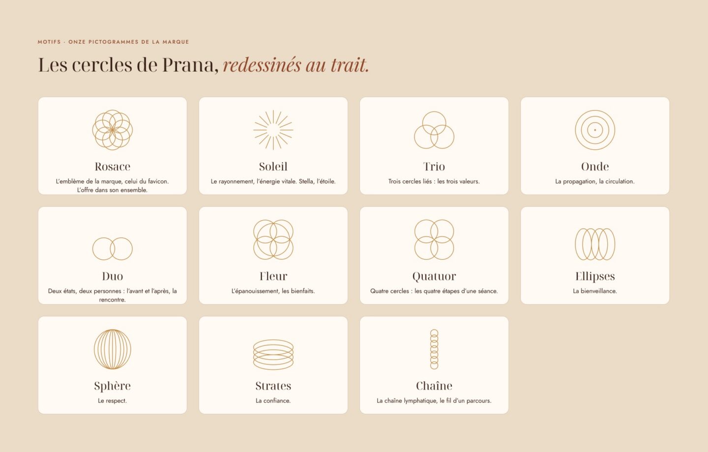 Design system Prana Addict – les onze pictogrammes de la marque redessinés au trait